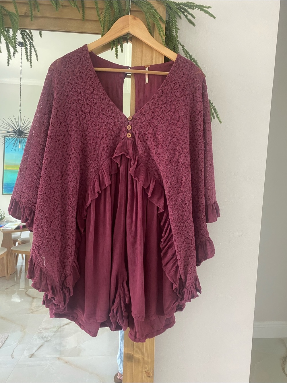 Boho Free People Burgundy Lace & Ruffle Romper